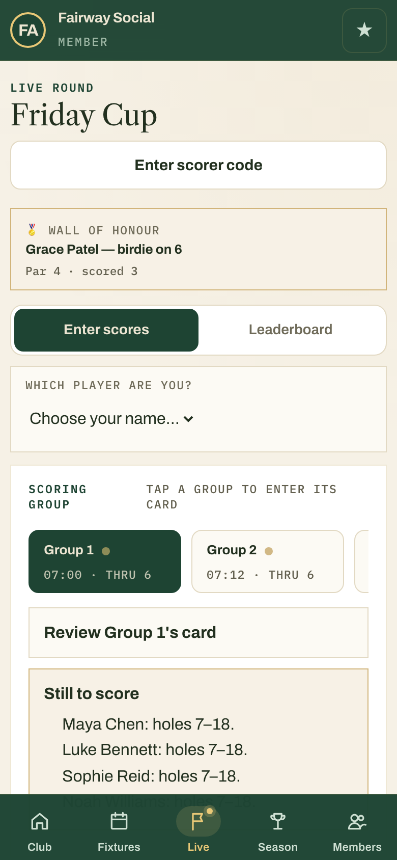 The live round screen: the group's card for hole 7 with a score stepper for each player