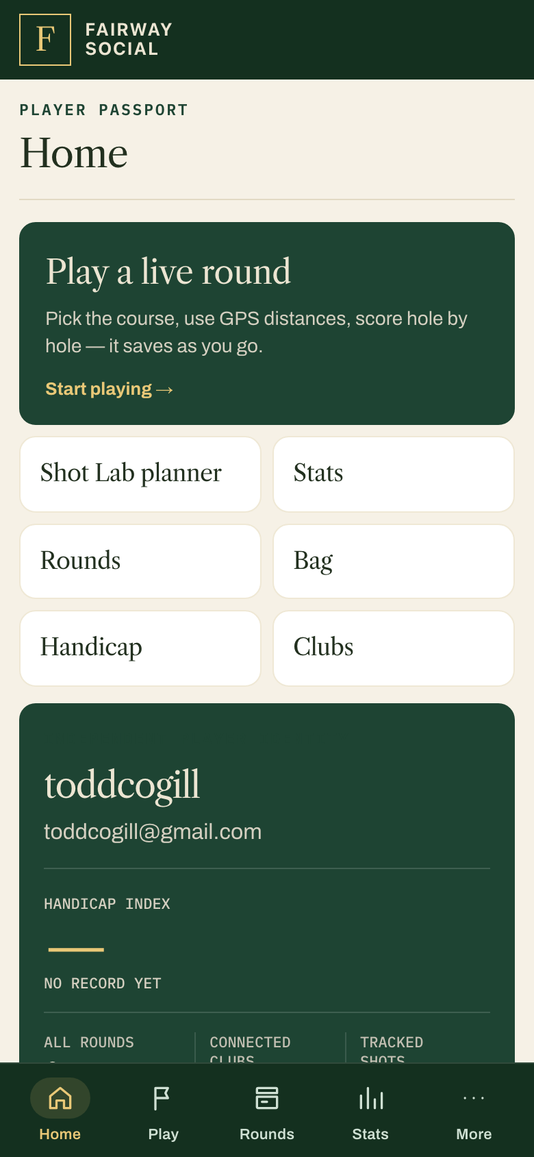 The Player Passport home screen with Play, Stats, Rounds, Bag, Handicap and Clubs